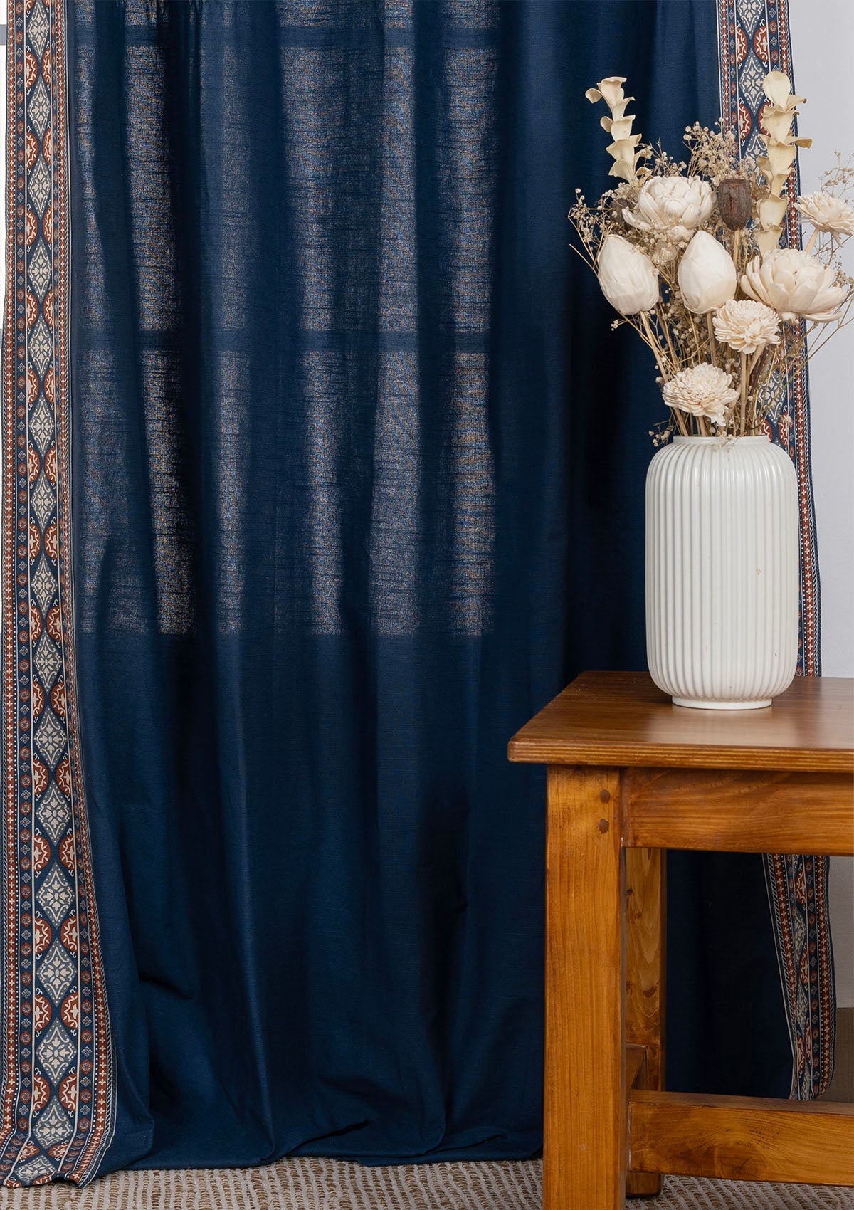 Tara Indigo 100% Cotton Curtain with Trim for living room & bedroom - Room Darkening - Indigo - Single Piece