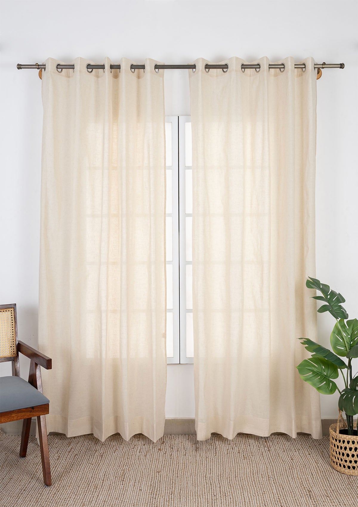 Almond Plain Beige Neutral Linen Cotton Blend Sheer Textured Curtain For Livingroom / Bedroom | Light Filtering | Single Piece