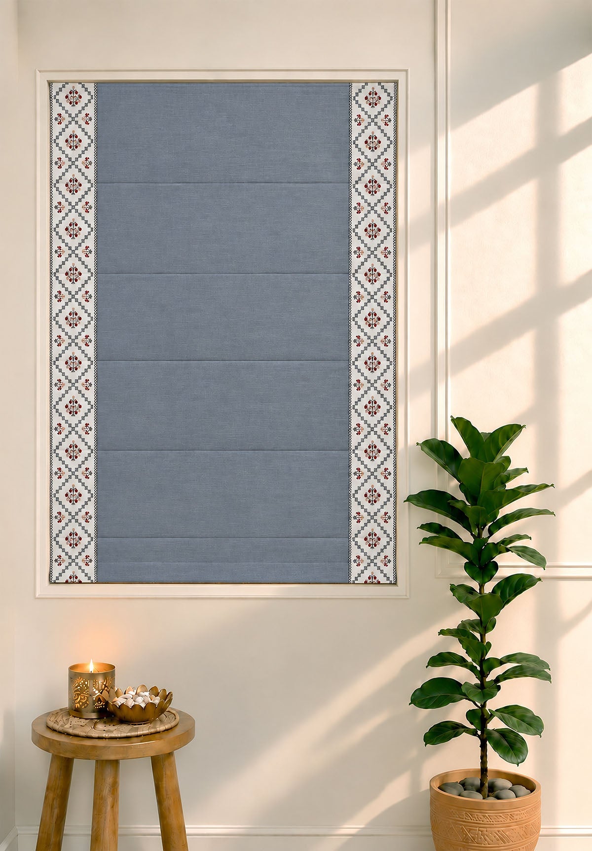 Ketaki Mist Blue & Pink Geometric 100% Cotton Embroidered Blind For Livingroom / Bedroom | Room Darkening