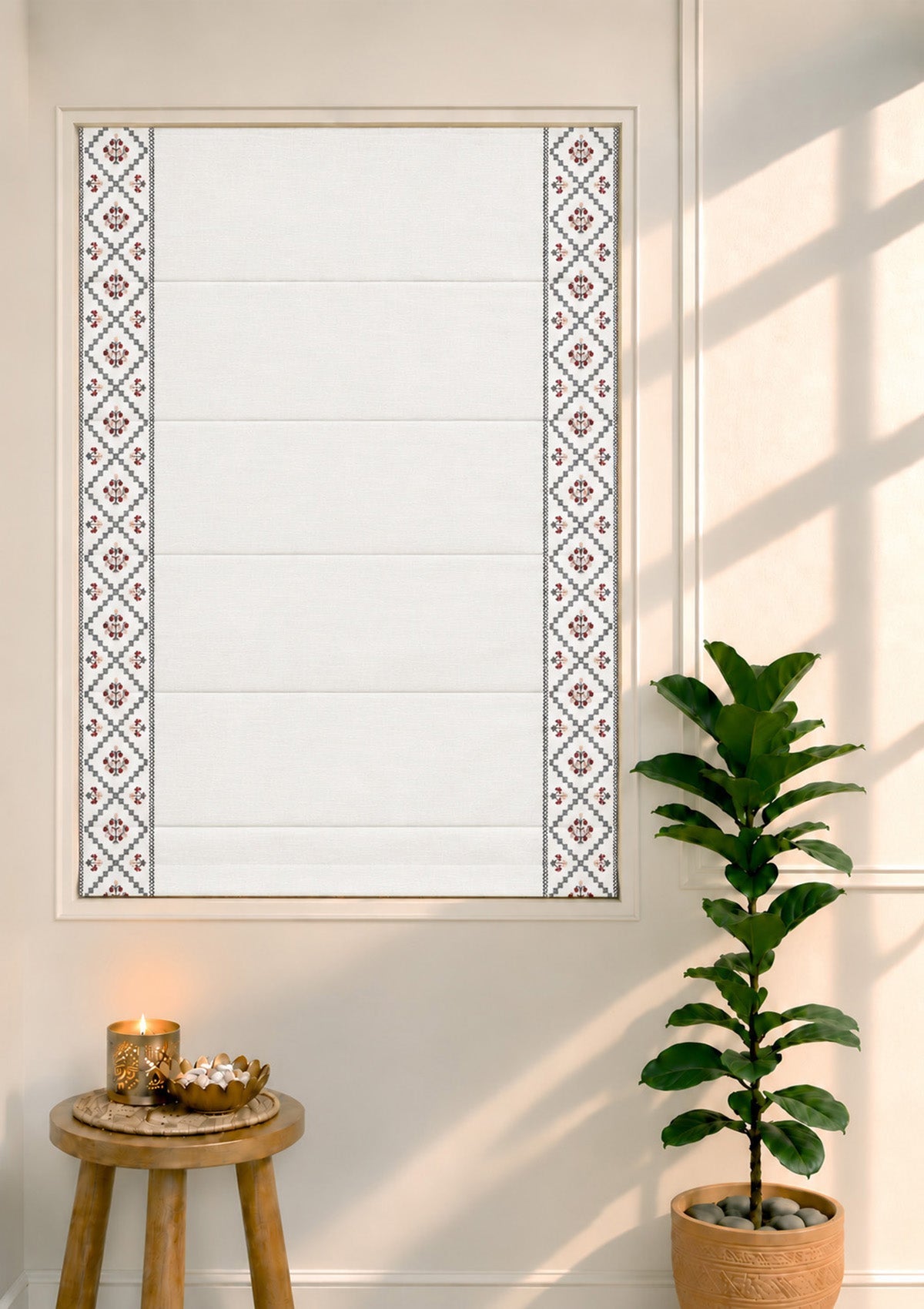 Ketaki White & Blue Geometric 100% Cotton Embroidered Blind For Livingroom / Bedroom | Light Reduction