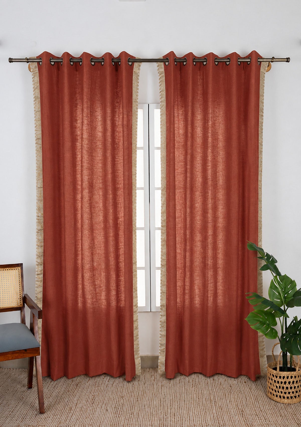 Kinari Brick Red & Gold Ethnic 100% Cotton Textured Curtain For Livingroom / Bedroom | Room Darkening | Single Piece