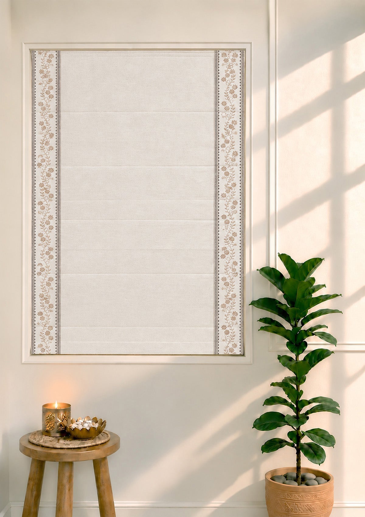 Mogra Beige & Brown Floral 100% Cotton Embroidered Blind For Livingroom / Bedroom | Light Reduction