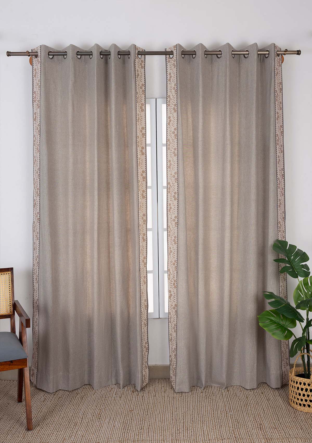 Mogra Elephant Grey & Brown Floral Linen Cotton Blend Embroidered Curtain For Livingroom / Bedroom | Room Darkening | Single Piece