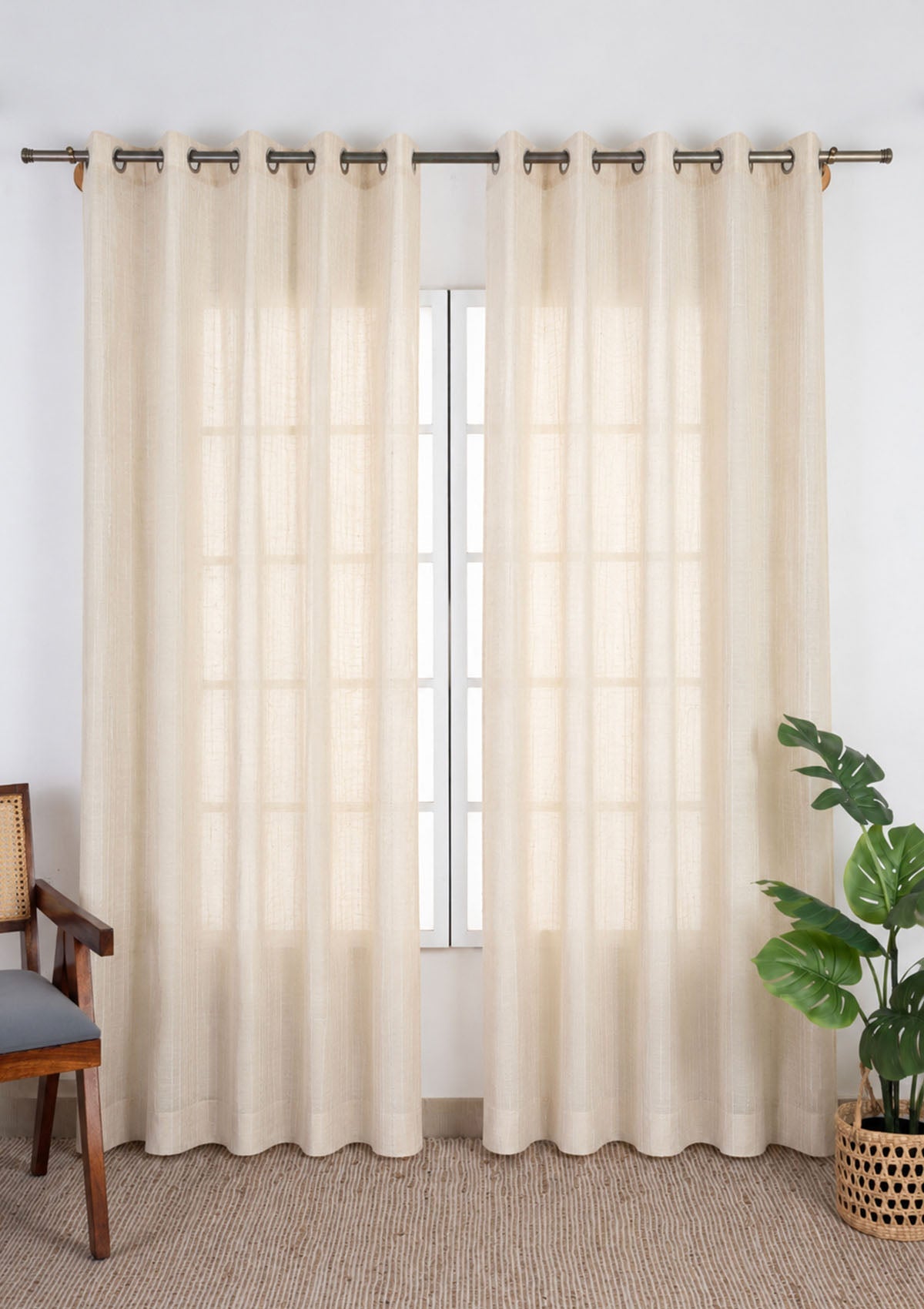 Husk Stripped Beige Neutral Linen Cotton Blend Sheer Textured Curtain For Livingroom / Bedroom | Light Filtering | Single Piece