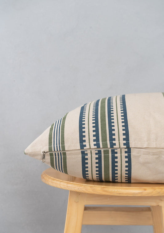 Roman Stripes 100% cotton geometric cushion cover for sofa - Green and Blue