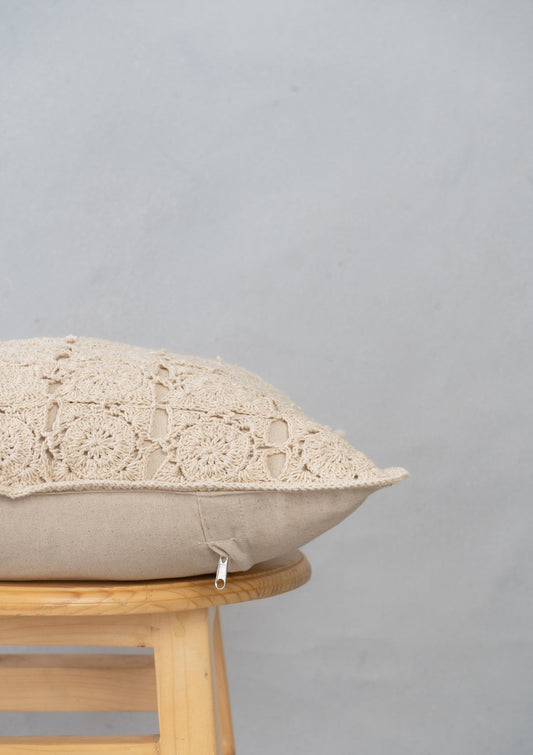 Oyster 100% cotton crochet antique piece cushion cover for sofa - Ivory