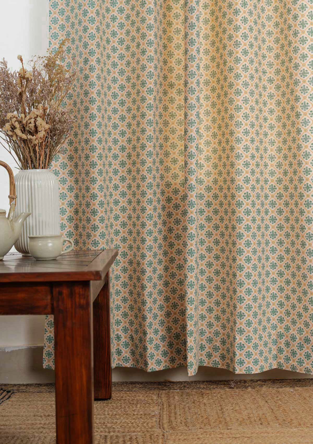 Yura 100% cotton geometric fabric for living room - Room darkening - Aqua blue