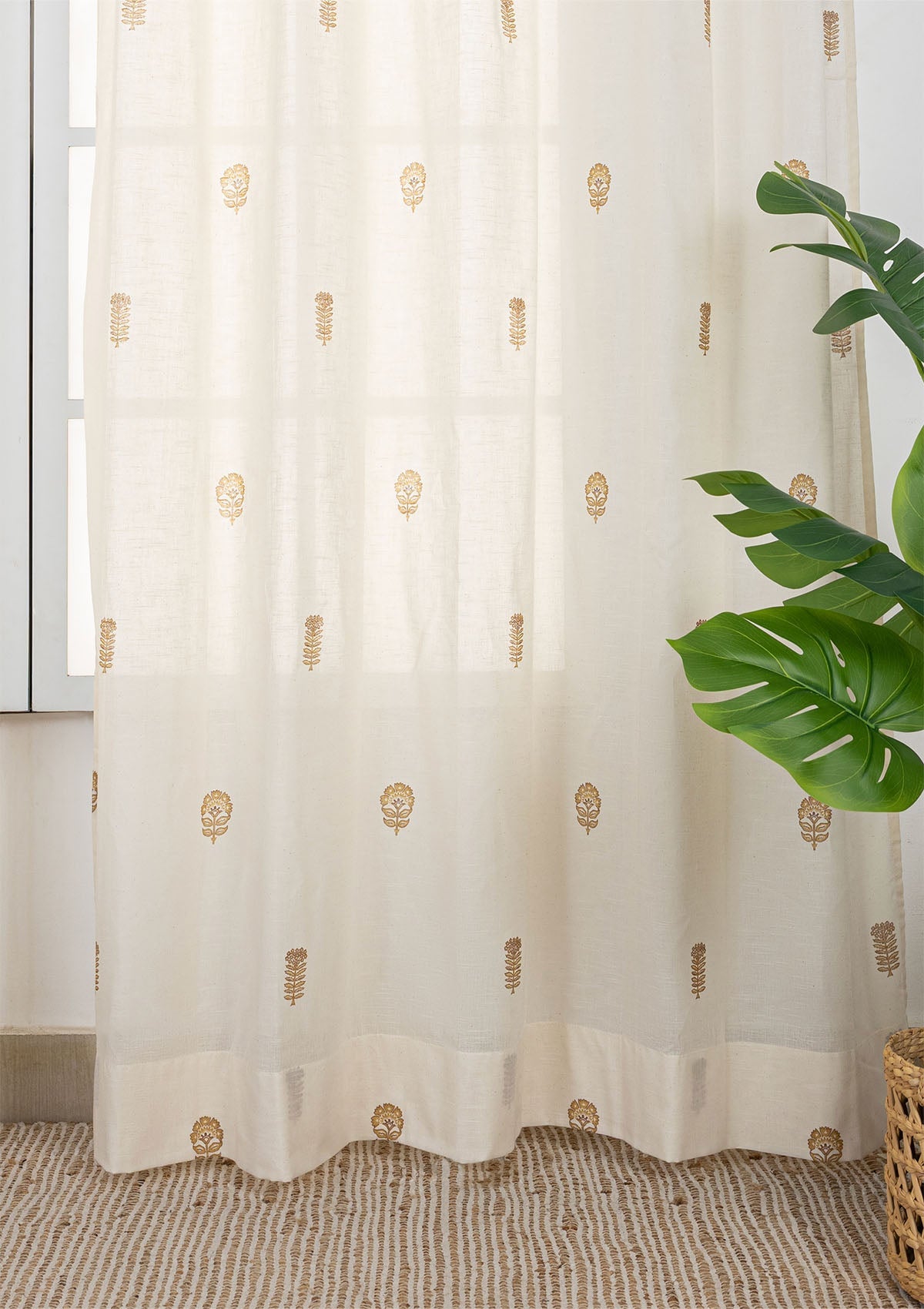 Baagh Mustard Floral 100% Cotton Sheer Printed Curtain For Livingroom / Bedroom | Light Filtering | Single Piece