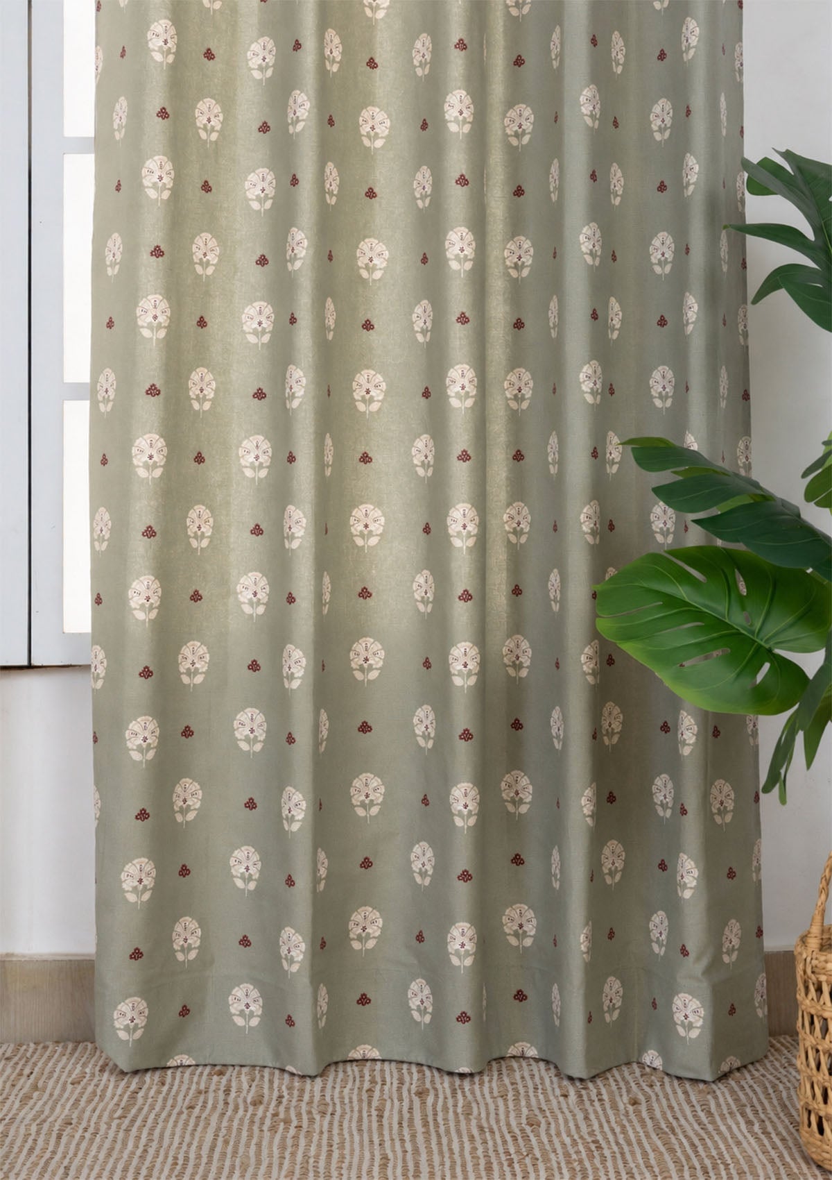 Gulnaar Green Ethnic 100% Cotton Printed Curtain For Livingroom / Bedroom | Room Darkening | Single Piece