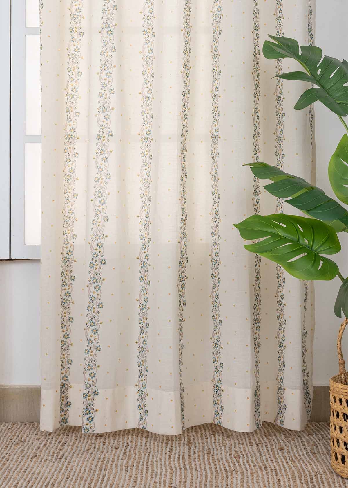 Kodi Teal Floral 100% Cotton Sheer Printed Curtain For Livingroom / Bedroom | Light Filtering | Single Piece