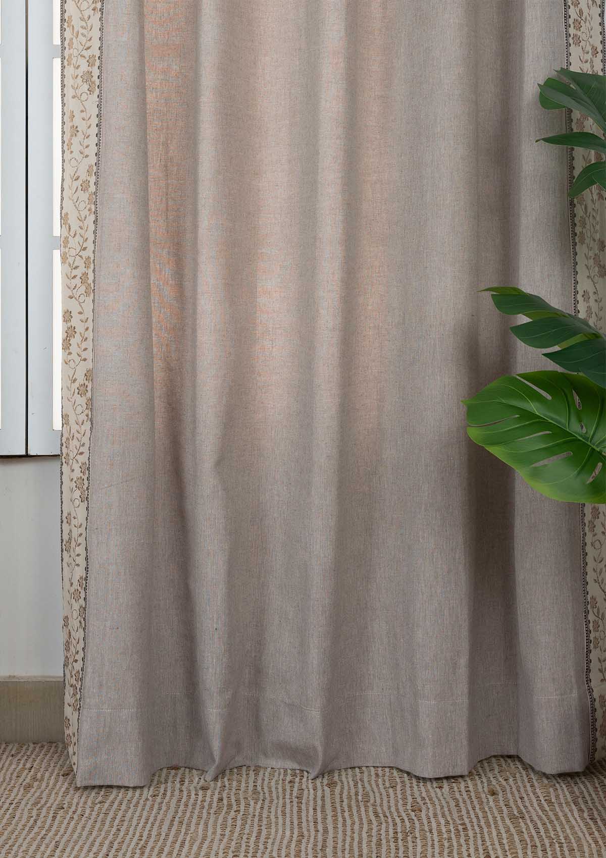 Mogra Elephant Grey & Brown Floral Linen Cotton Blend Embroidered Curtain For Livingroom / Bedroom | Room Darkening | Single Piece