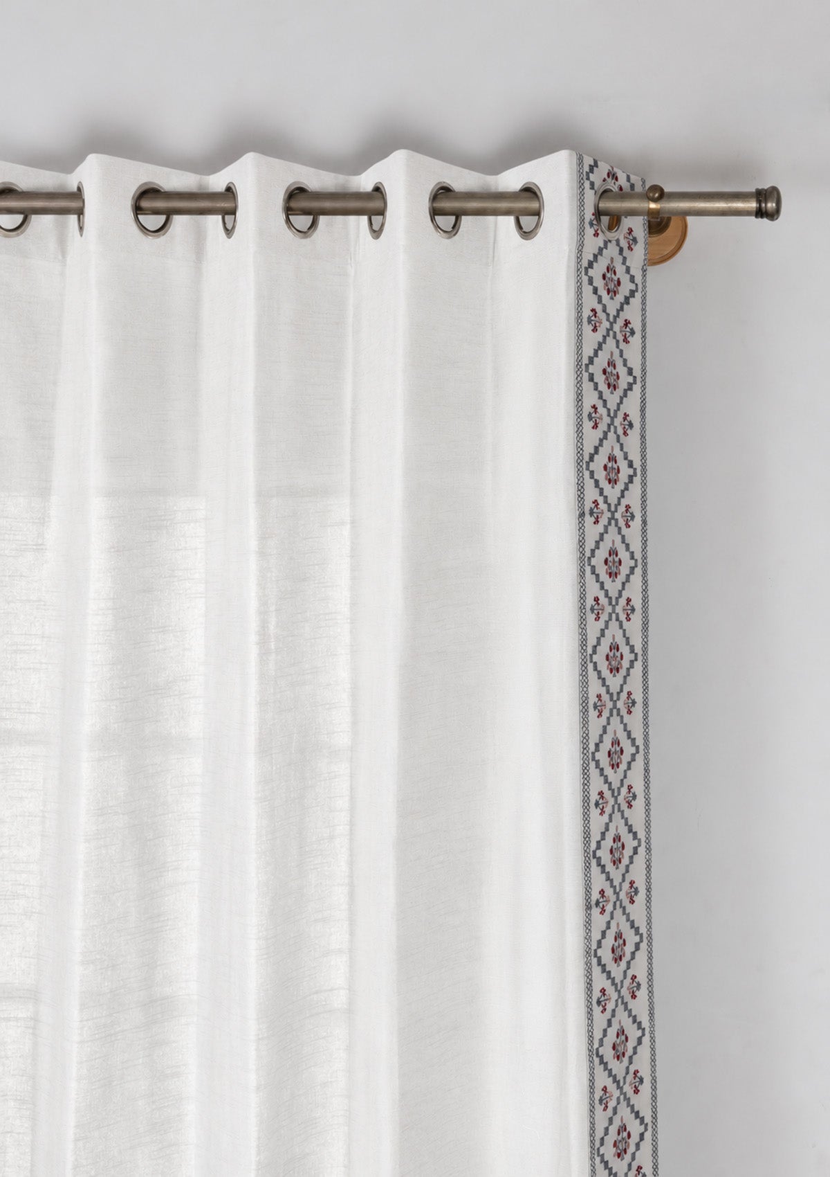 Ketaki White & Blue Geometric 100% Cotton Embroidered Curtain For Livingroom / Bedroom | Light Reduction | Single Piece