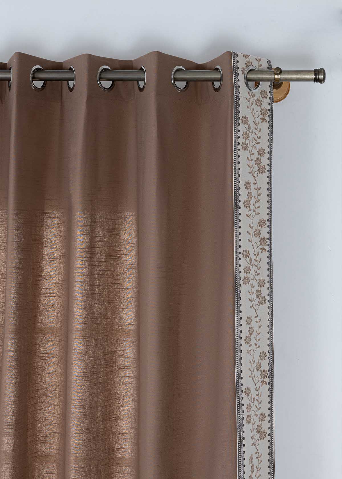 Mogra Chocolate Brown & Grey Floral 100% Cotton Embroidered Curtain For Livingroom / Bedroom | Room Darkening | Single Piece