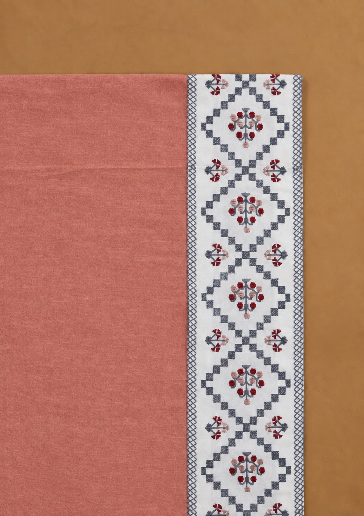 Ketaki Rust Blue & Pink Geometric 100% Cotton Embroidered Curtain For Livingroom / Bedroom | Room Darkening | Single Piece