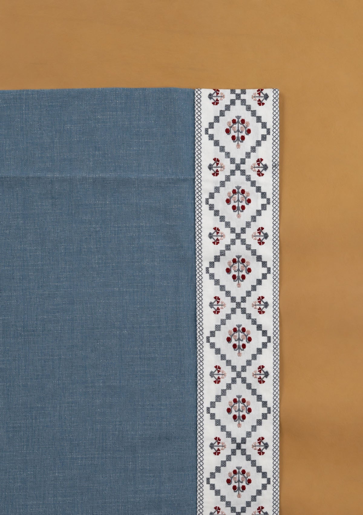 Ketaki Nilgiri Blue & Pink Geometric Linen Cotton Blend Embroidered Curtain For Livingroom / Bedroom | Room Darkening | Single Piece