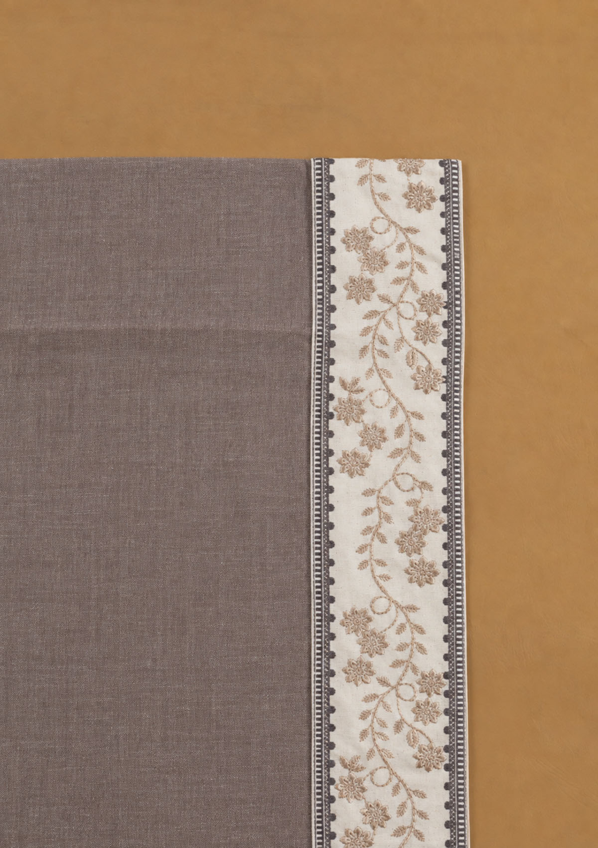 Mogra Fig Brown & Grey Floral Linen Cotton Blend Embroidered Curtain For Livingroom / Bedroom | Room Darkening | Single Piece