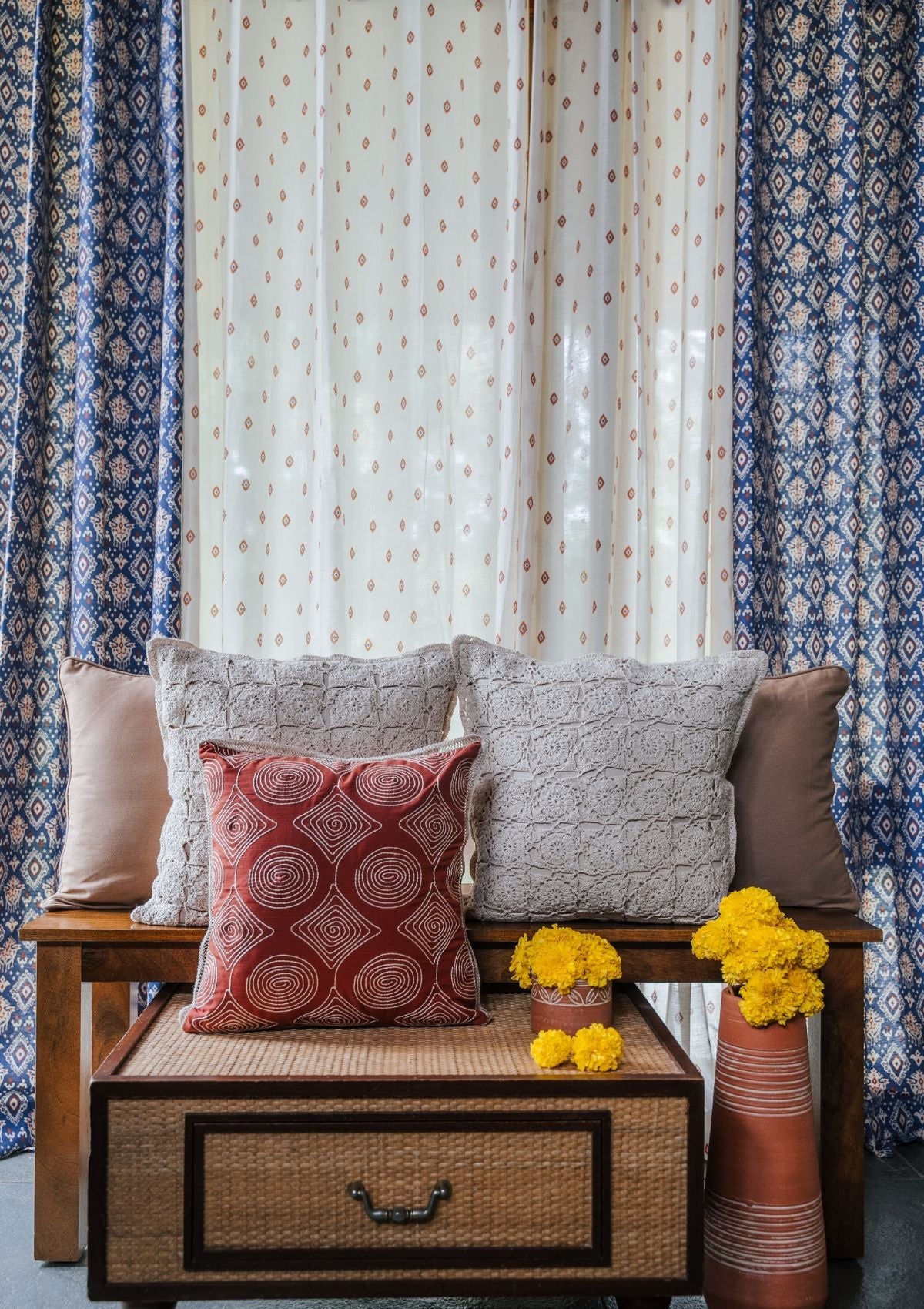 Durbar Ikat Geometric Printed 100% Cotton Curtain for Living Room and Bedroom - Room Darkening - Royal blue and Brick Red - Single Piece