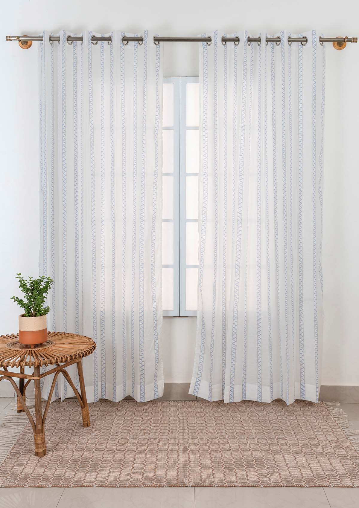 Oriental Stripes Printed Sheer Fabric - Powder Blue