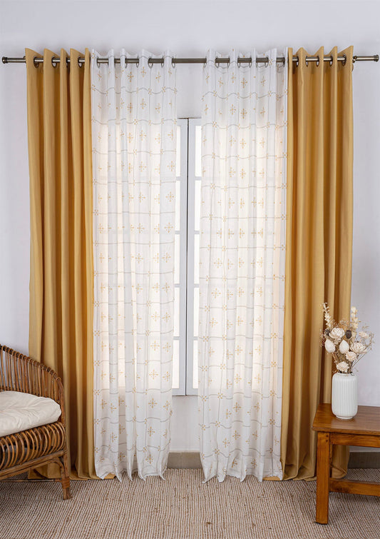 Amber Yellow Plain Curtain Light Reduction & Kaanta Printed Light Filtering Sheer - 100% Cotton for Living Room & Bedroom - Pack of 4