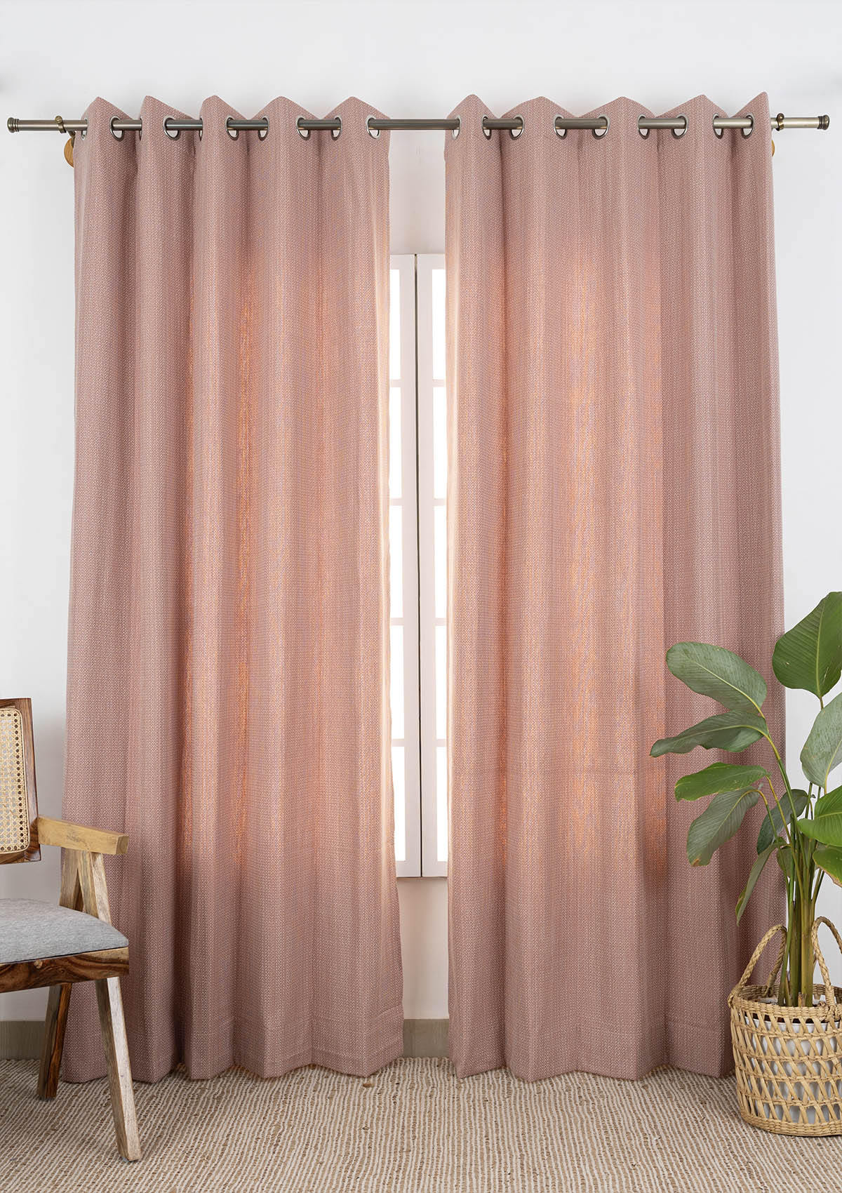 Ash Pink Textured 100% Cotton Curtain For Bedroom | Room Darkening | Single Piece