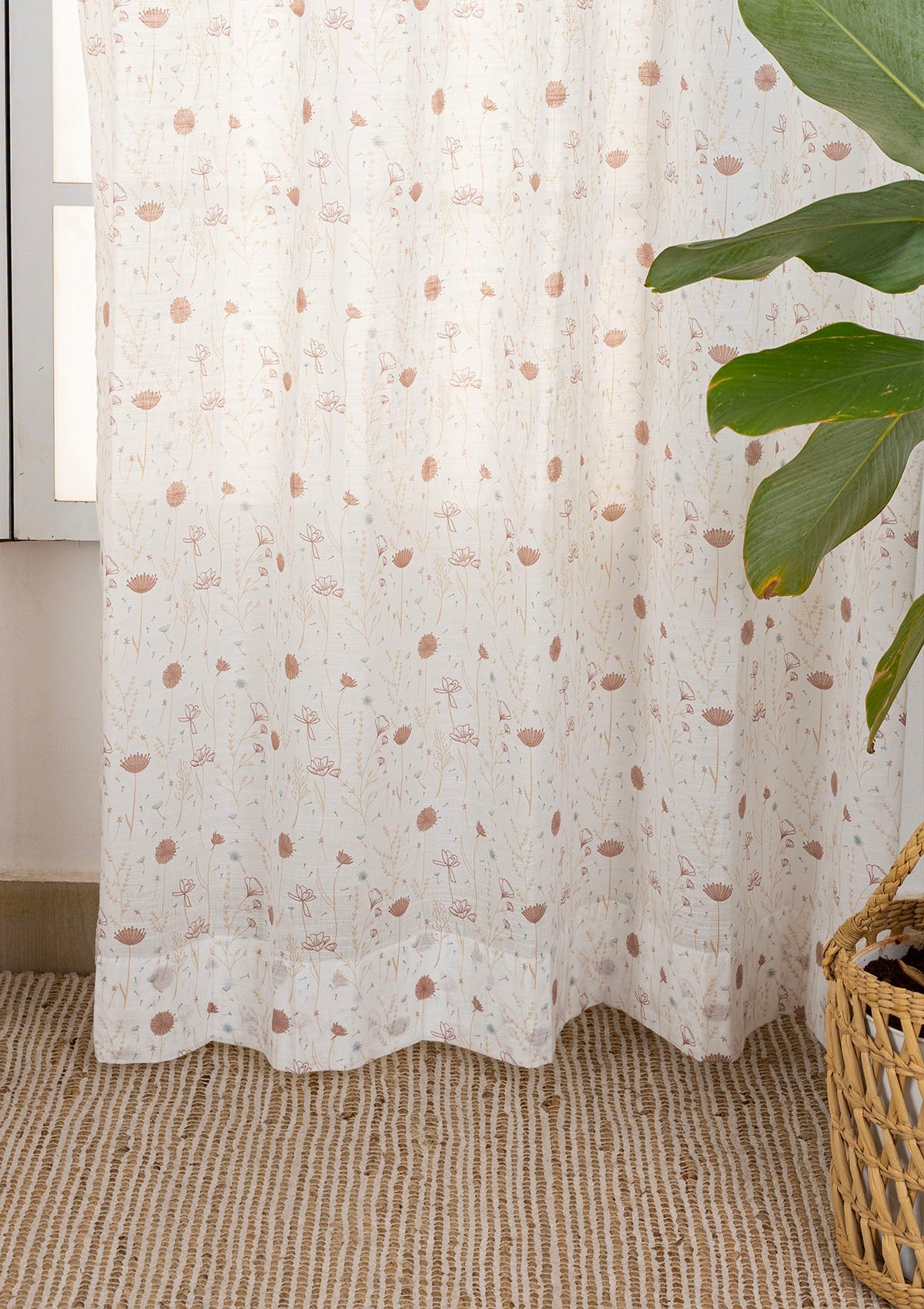 Ballet Pink Floral Printed 100% Cotton Sheer Curtain For Living Room | Light Reduction | Single Piece