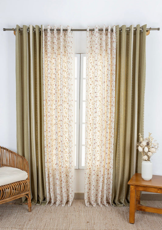 Bhumi Linen Cotton Blend Ethnic Textured Light Reduction & Vaanya Embroidered Light Filtering Sheer - 100% Cotton for Living Room & Bedroom - Pack of 4