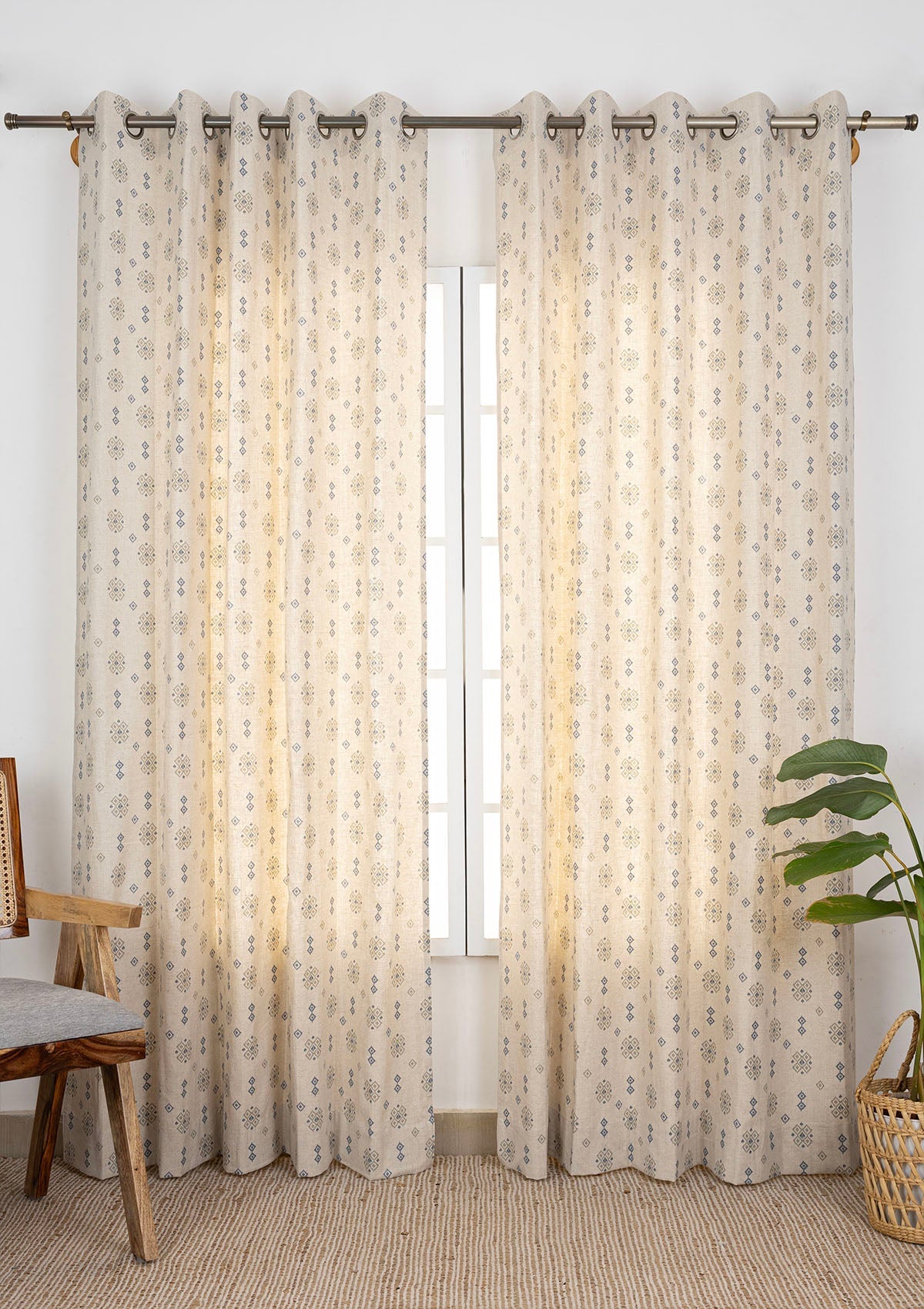Casara Green Geometric Printed 100% Cotton Linen Curtain For Living Room | Light Reduction - Single Piece