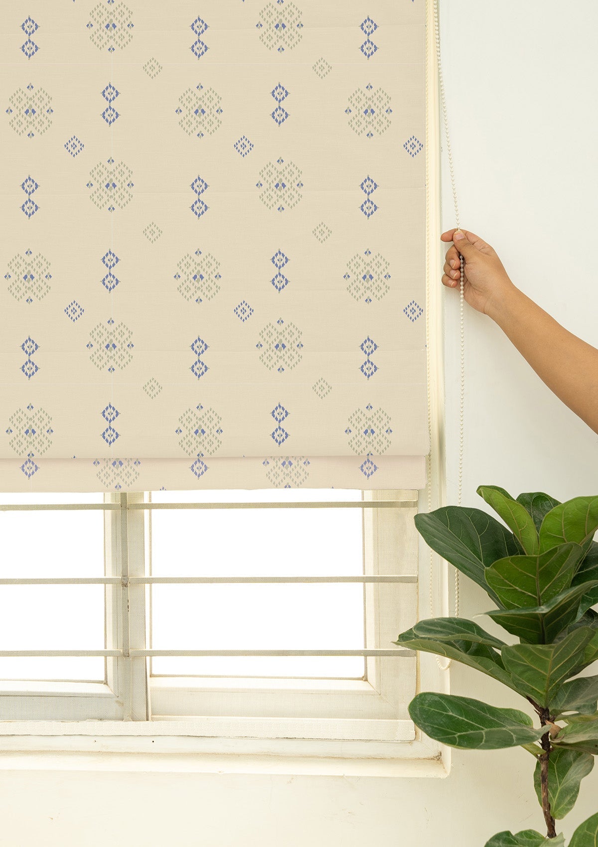 Casara Green Geometric Printed 100% Cotton Blind Linen For Living Room | Light Reduction