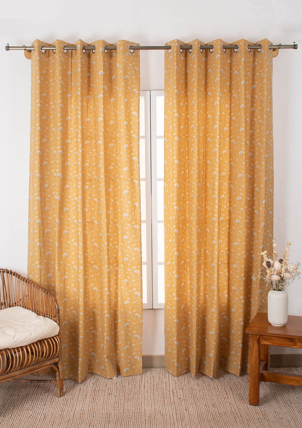 Eden mustard 100% cotton floral fabric for bed room - Room darkening
