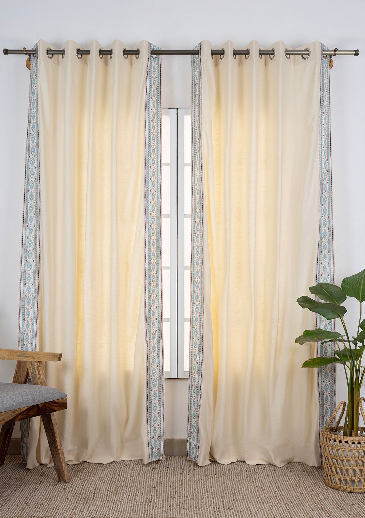 Elba Cream Embroidered Trim 100% Cotton Curtain For Living Room |Room Darkening | Single Piece