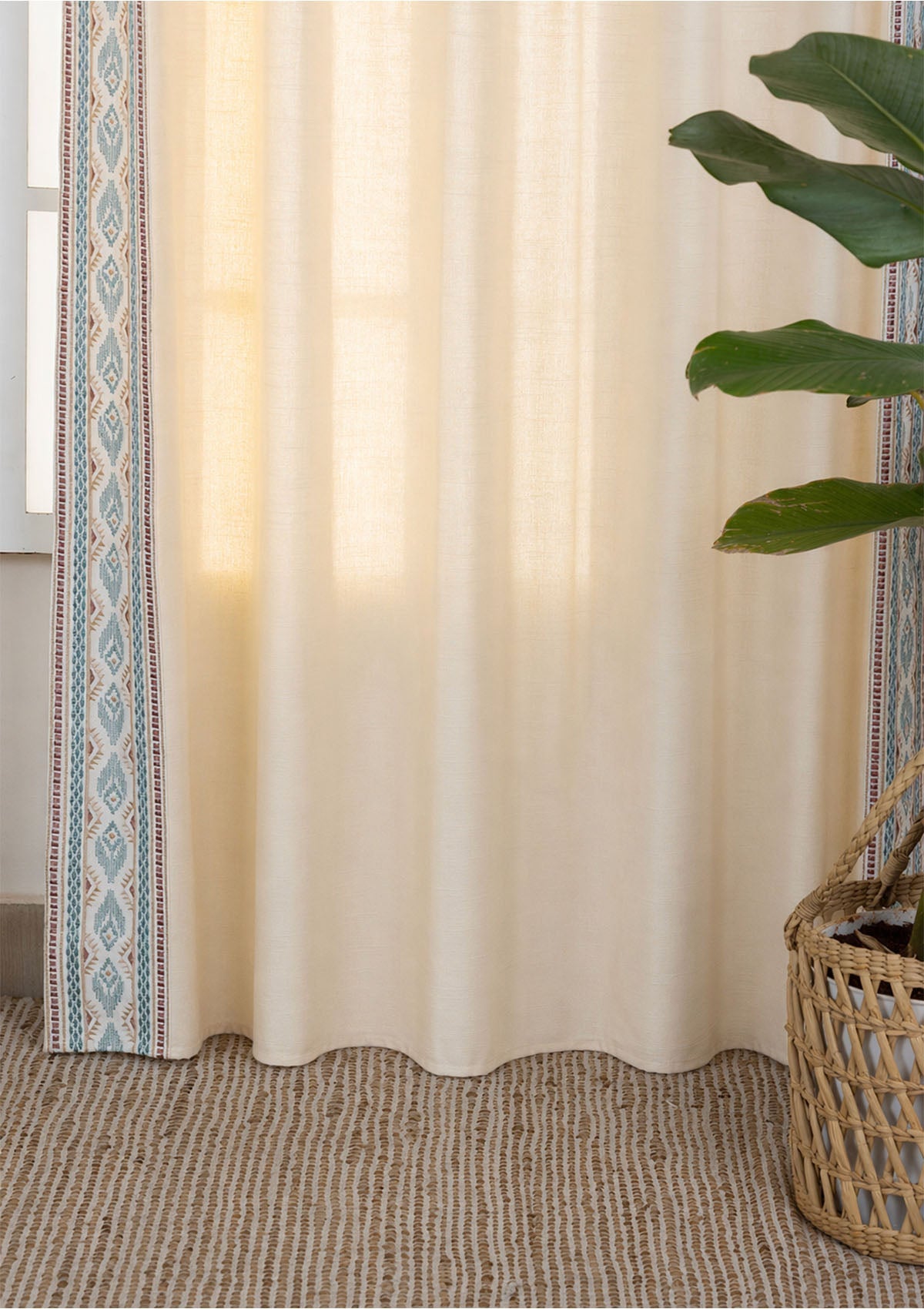 Elba Cream Embroidered Trim 100% Cotton Curtain For Living Room |Room Darkening | Single Piece