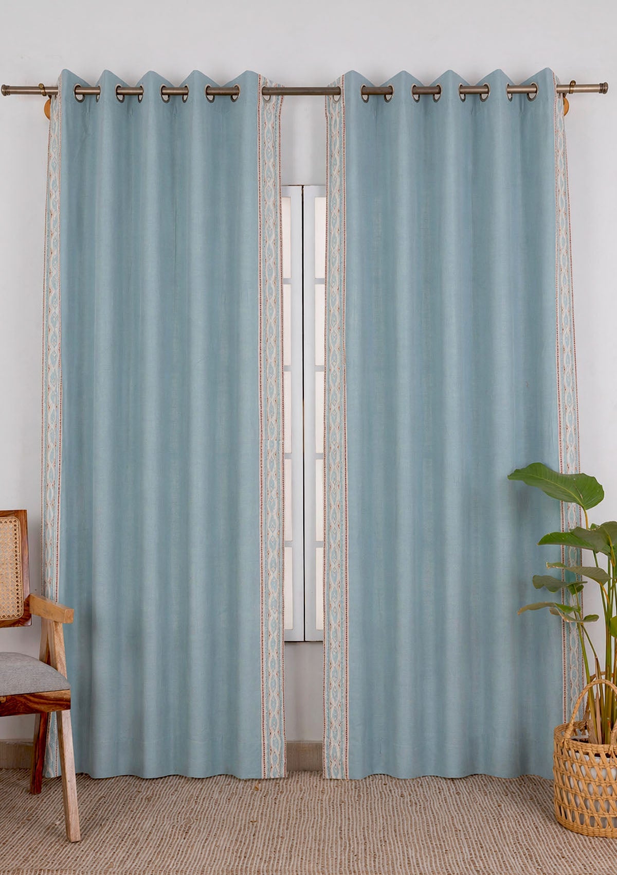 Elba Marine Teal Embroidered Trim 100% Cotton Curtain For Bedroom | Room Darkening | Single Piece