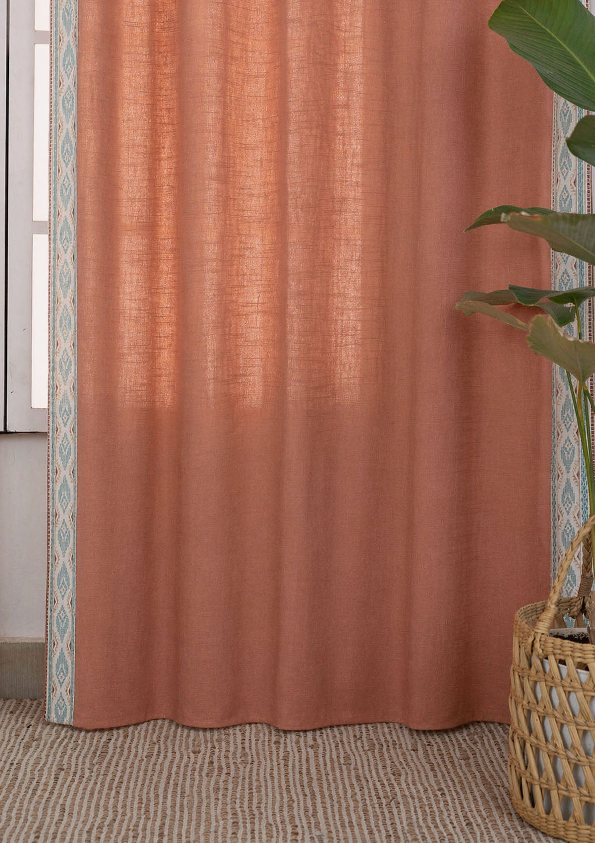 Elba Rust Embroidered Trim 100% Cotton Curtain For Living Room | Room Darkening | Single Piece