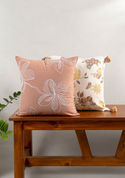 Embrose Embroidered 100% Cotton floral Design Cushion Cover for Sofa – Rust