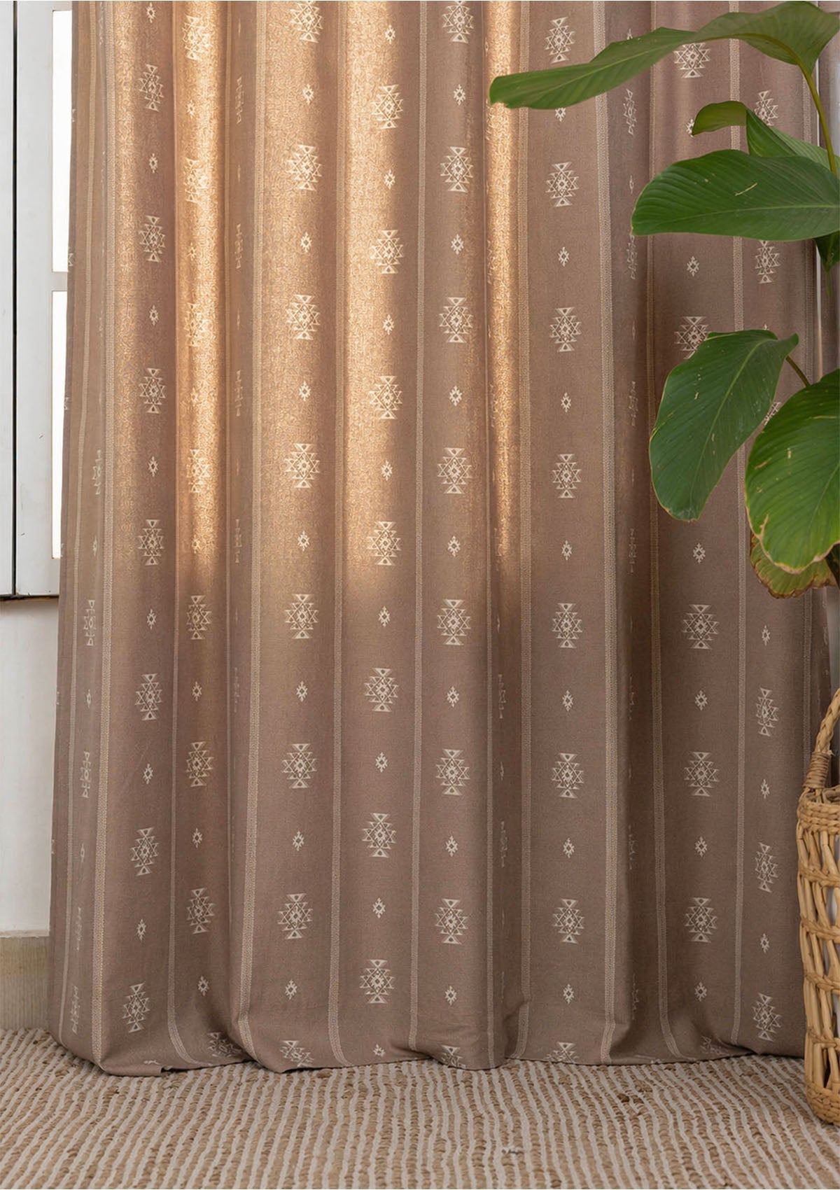 Feather Brown Geometric Printed 100% Cotton Curtain For Bedroom | Room Darkening | Single Piece