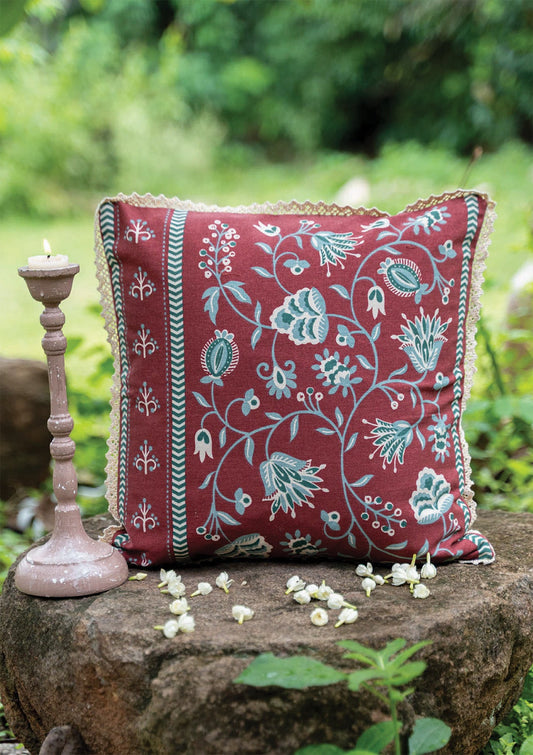 Garnet 100% Cotton Printed Red and Green Cushion Cover - 16"