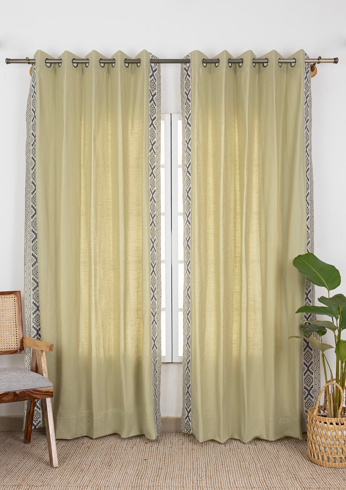 Glen Herb Green Embroidered Trim 100% Cotton Curtain For Living Room |Room Darkening | Single Piece