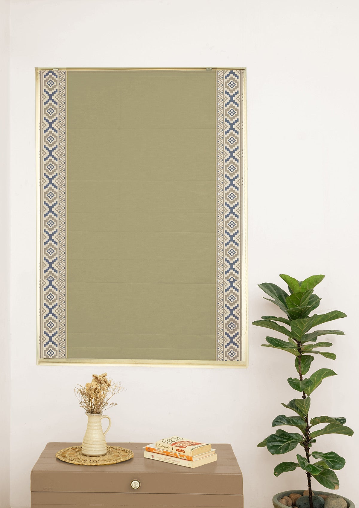 Glen Herb Green Embroidered Trim 100% Cotton Blind For Living Room |Room Darkening