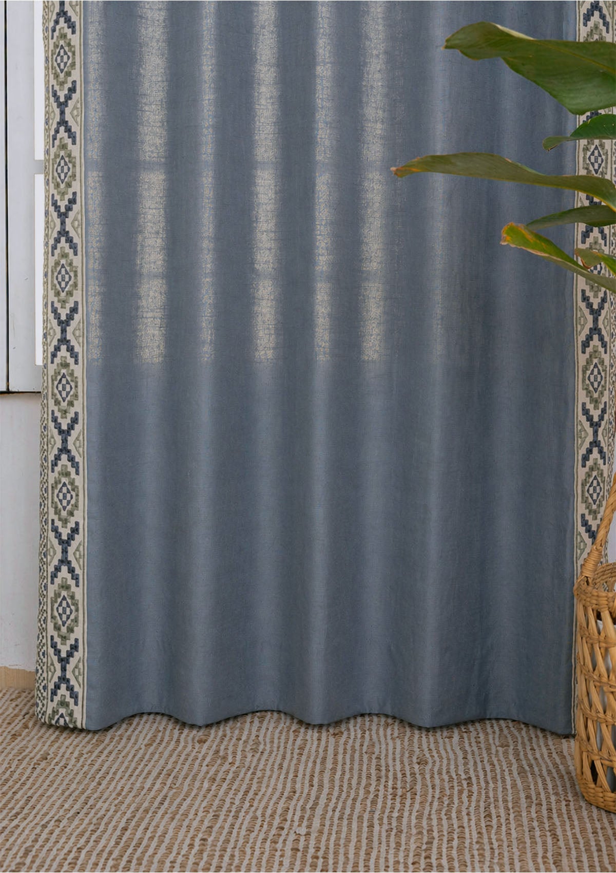 Glen Mist Blue Embroidered Trim 100% Cotton Curtain For Bedroom | Room Darkening | Single Piece