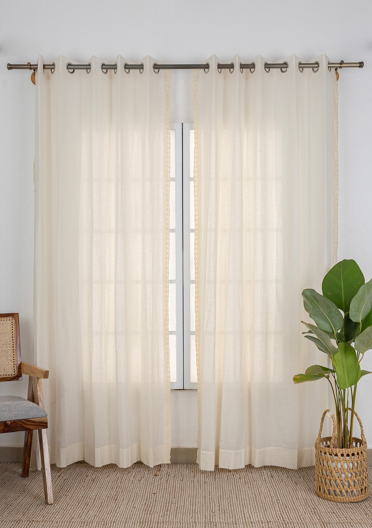 Hakoba Cream Sheer Lace Trim 100% Cotton Curtain For Living Room | Room Darkening | Single Piece