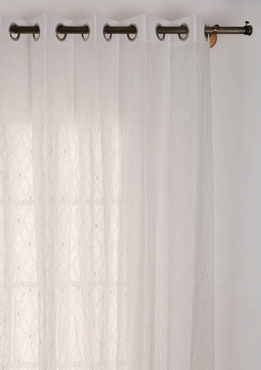 Haze Geometric pattern 100% cotton sheer curtain for Living Room and Bedroom - Light Filtering - White - Single Piece