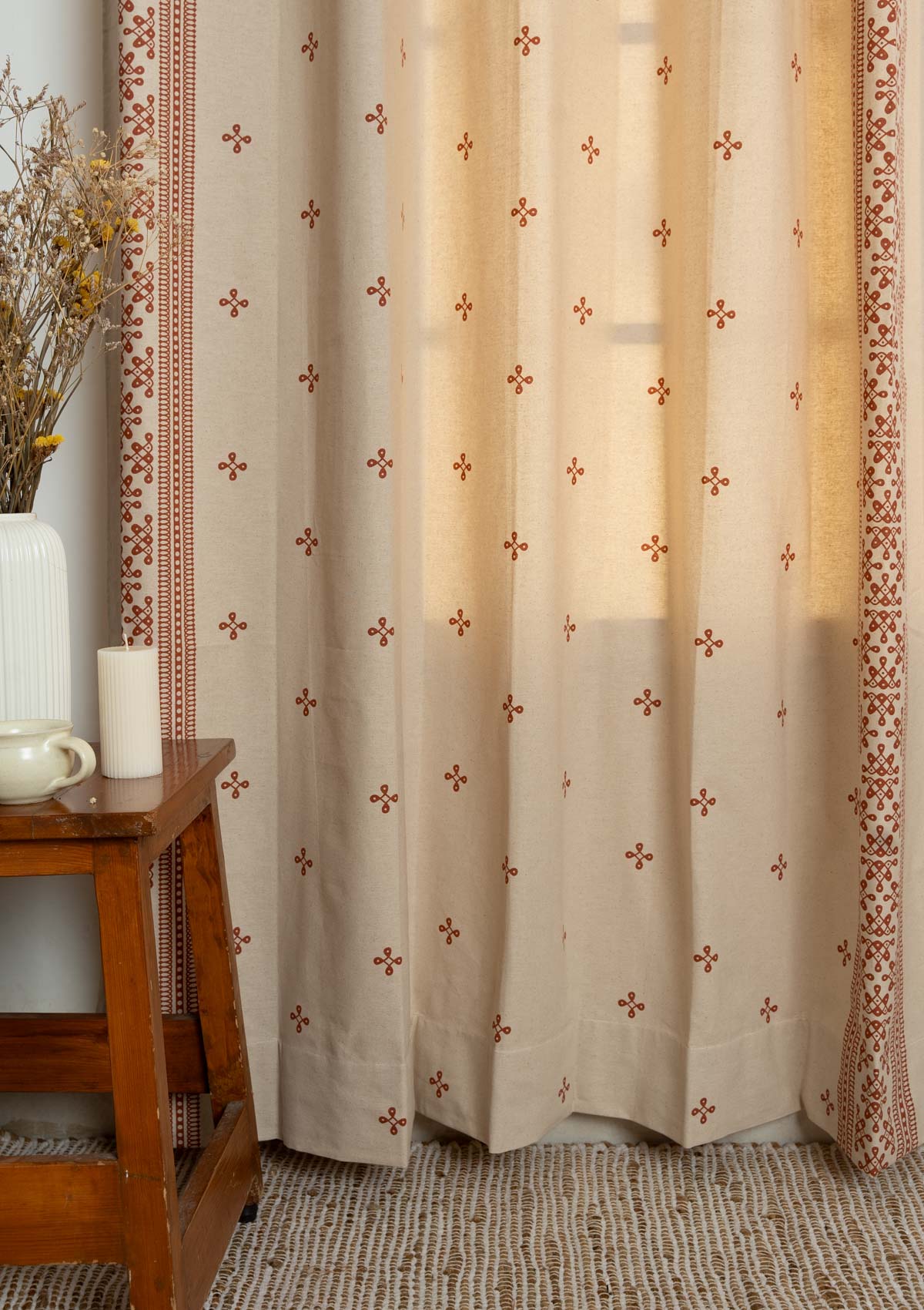Kolam minimal Printed 100% Cotton Curtain for Living Room and Bedroom - Brick red - Single Piece