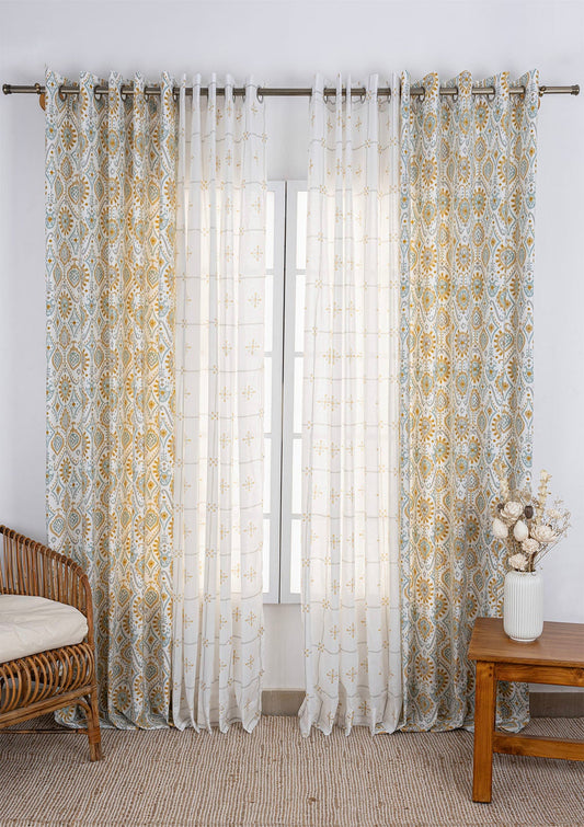Laya Printed Light Reduction Curtain & Kaanta Cotton Printed Sheer - 100% Cotton for Living Room & Bedroom - Pack of 4
