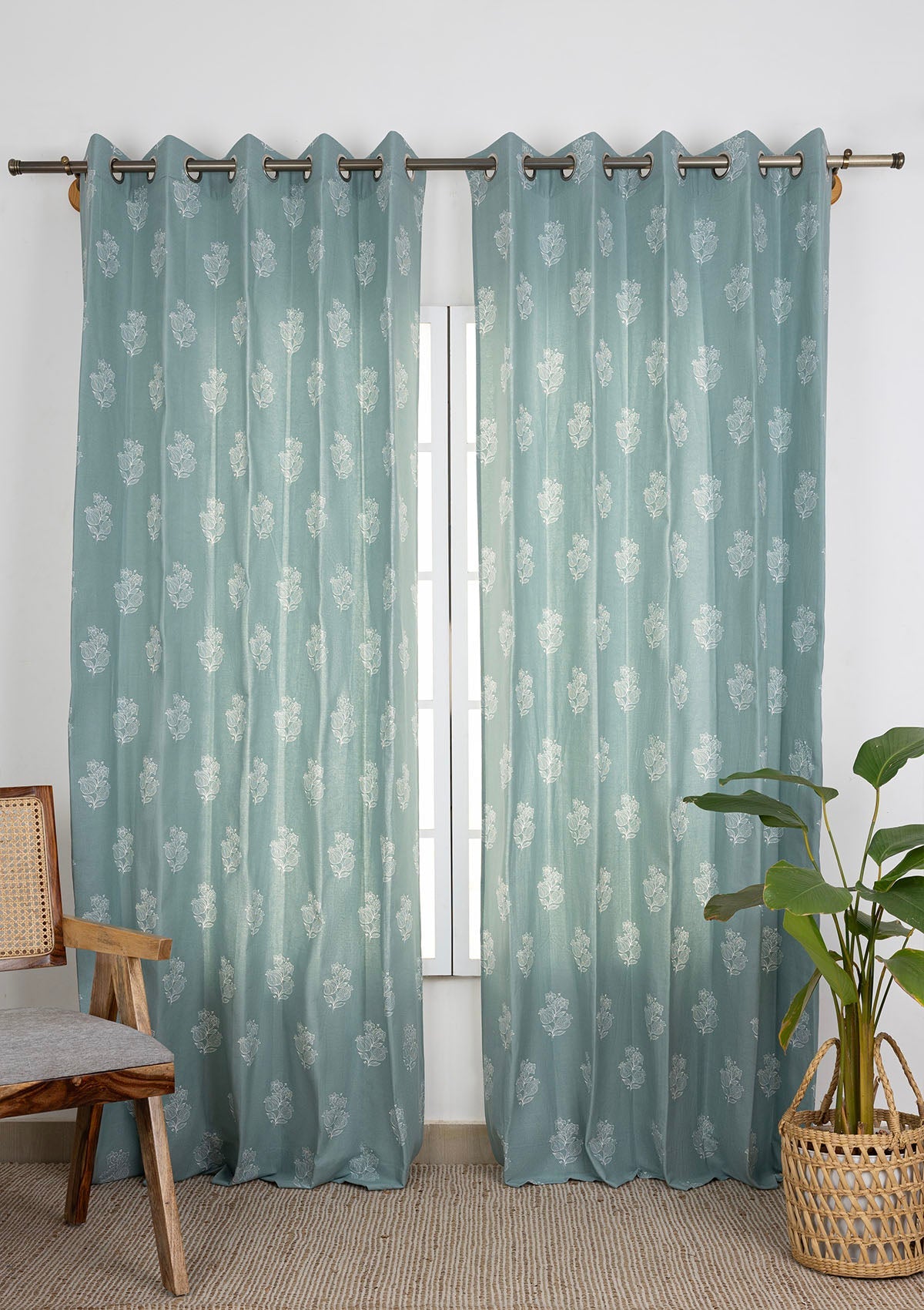 Malabar Marine Teal Floral Printed 100% Cotton Curtain For Bedroom | Light Reduction | Single Piece