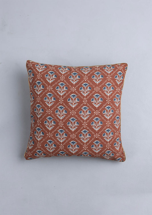 Mani 100% Cotton Printed Indigo & Red Cushion Cover - 16"