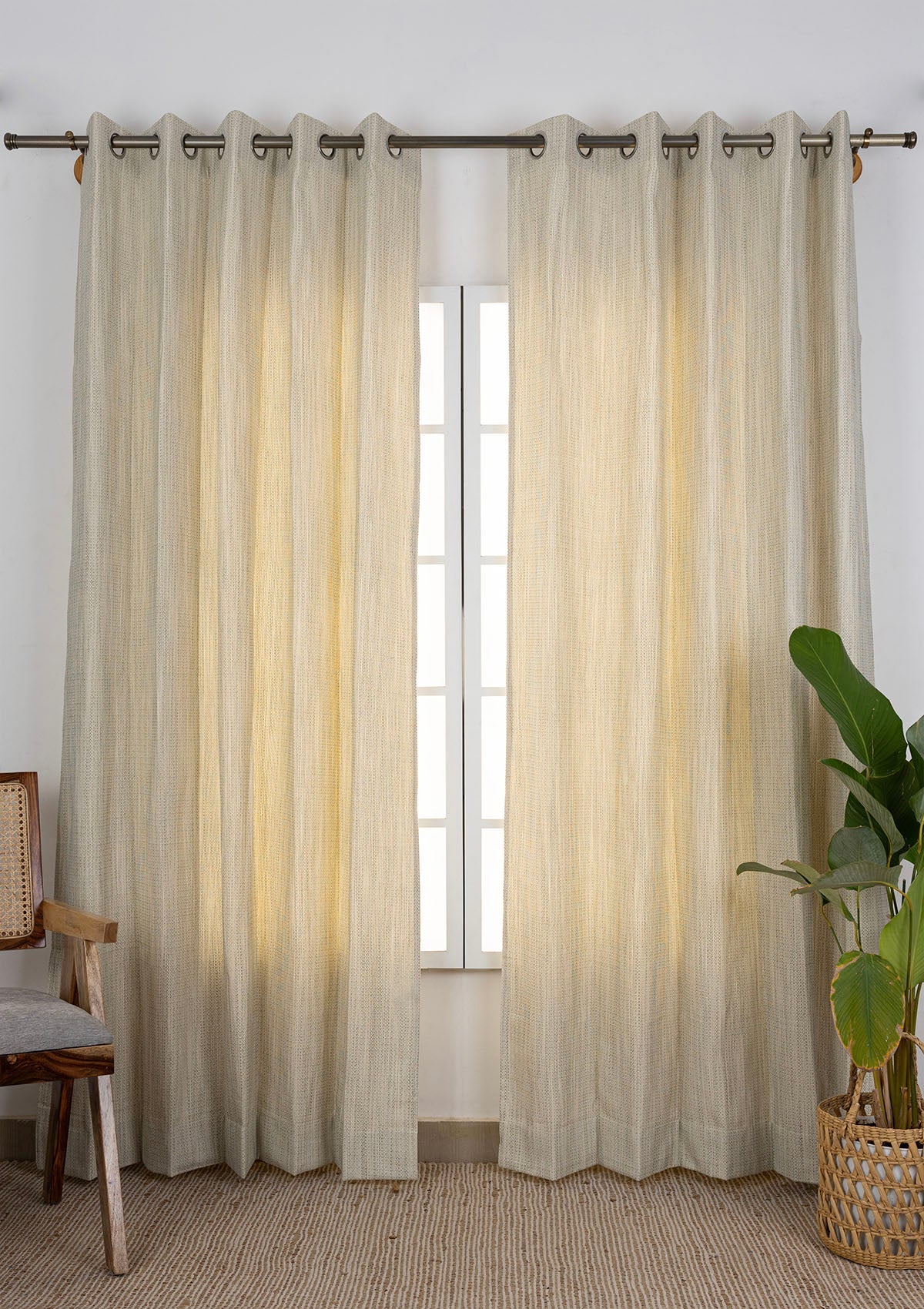 Matcha Green Textured 100% Cotton Curtain For Living Room | Light Filtering | Single Piece
