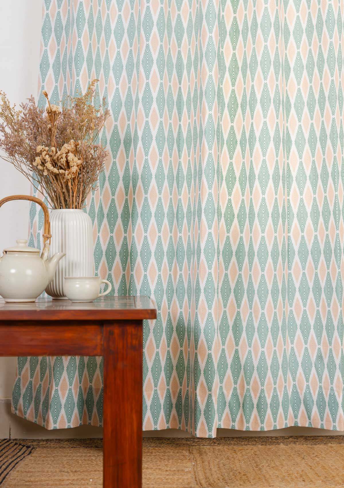 Maze 100% cotton geometric curtain for living room - Light Reduction - Sage green - Single - Single Piece