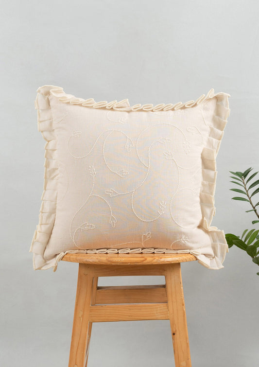 Medley Embroidered minimal design 100% Cotton Cushion Cover for Sofa - Cream