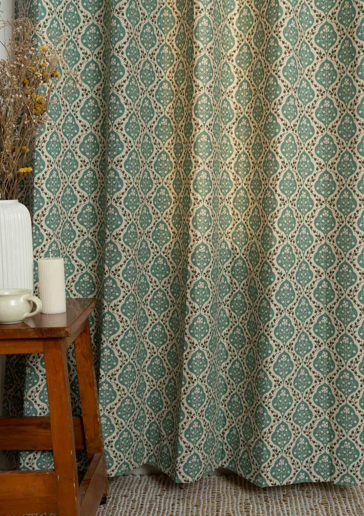 Mulbagal Geometric - Floral printed 100% Cotton Fabric for Living Room and Bedroom - Room Darkening - Sage Green