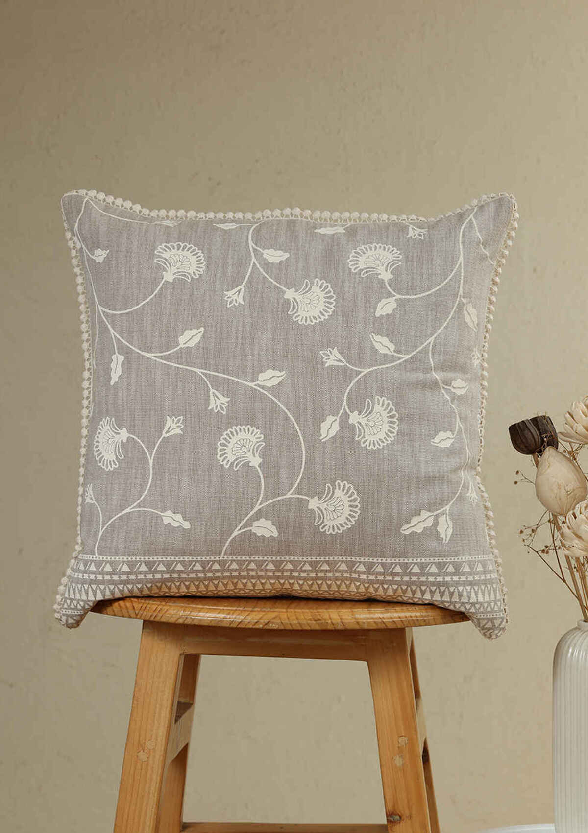 Nora Brown Floral Printed 100% Cotton Cushion Cover For Sofa